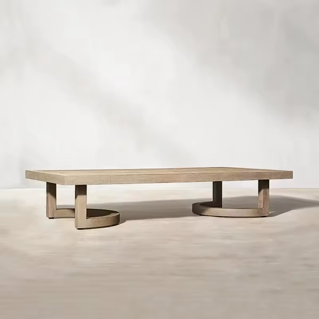 Modern wood garden sofa set with cushions, coffee table in a studio background