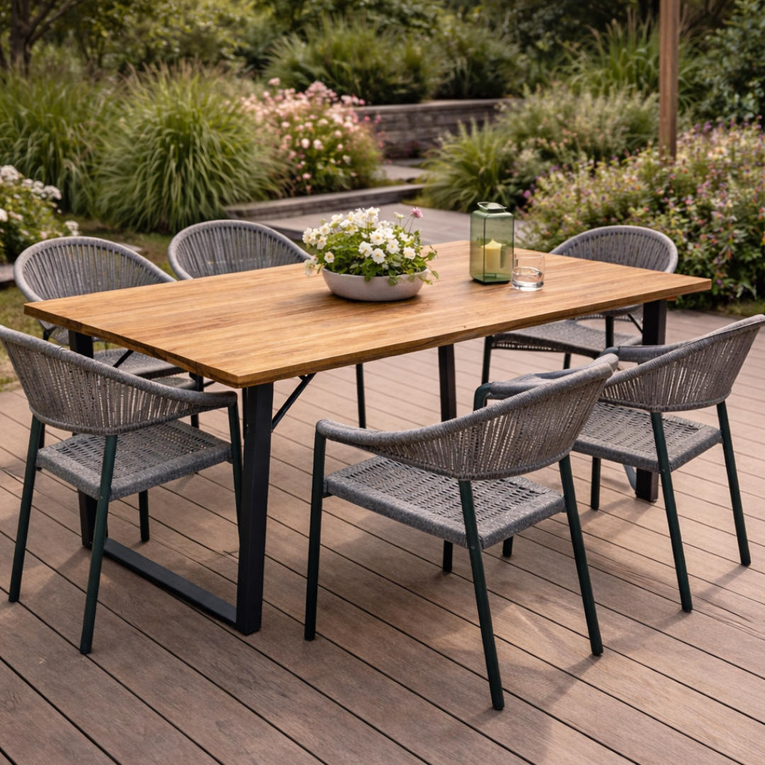 Outdoor dining table with chairs on a wooden deck, surrounded by greenery.
