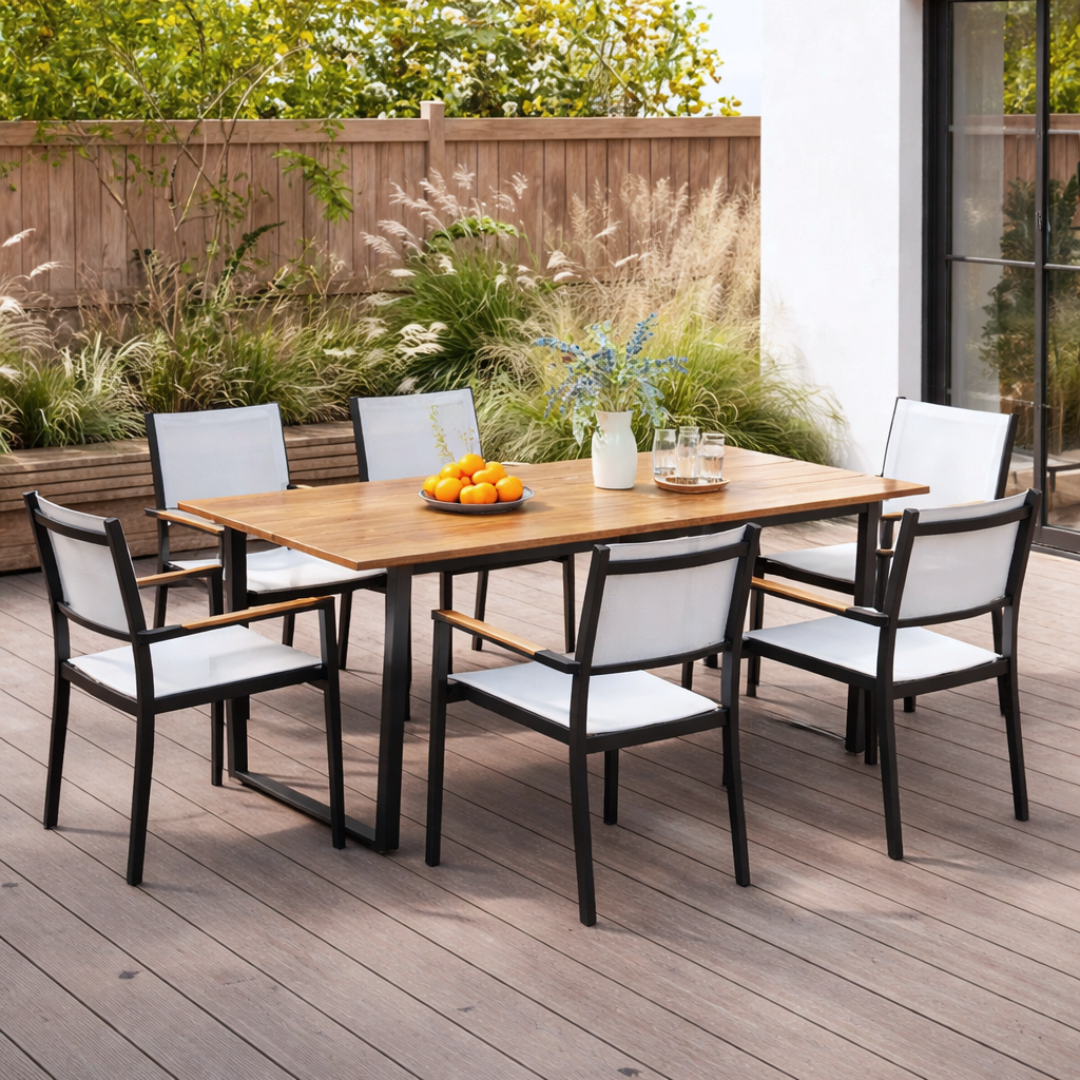 Outdoor dining set with wooden table and chairs on a deck