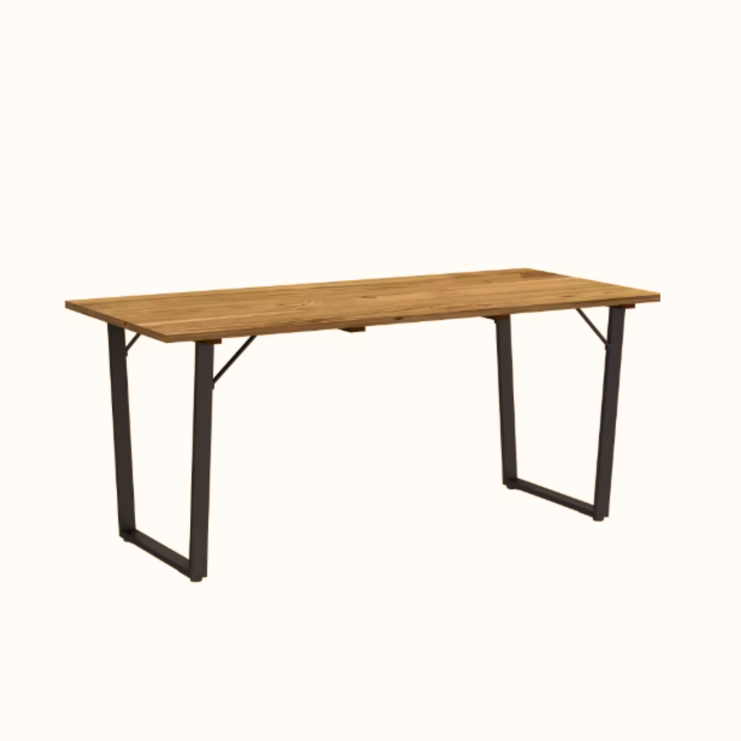 Wooden table with black metal legs on a white background
