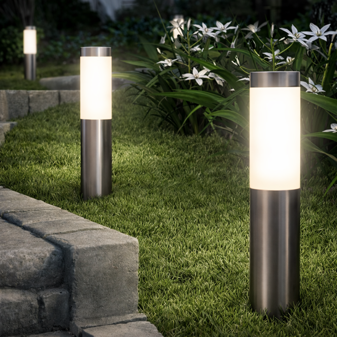 Two garden lights on grass with plants in the background