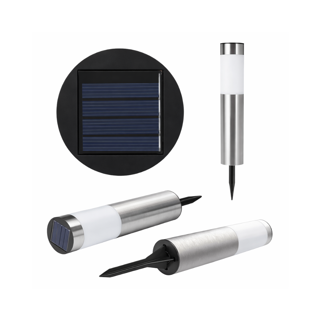 Solar-powered outdoor lights with solar panel and cylindrical design on a white background