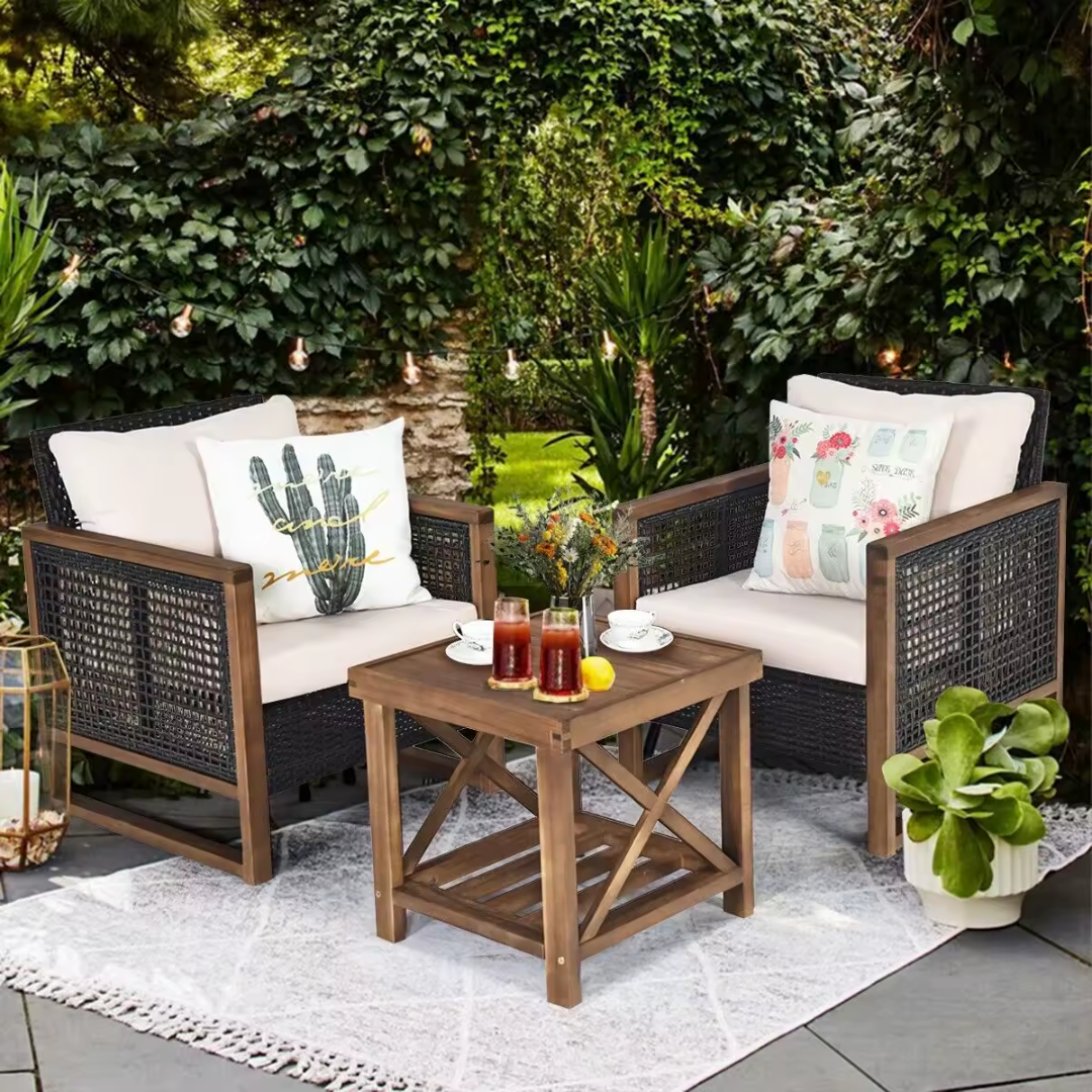 Outdoor accent rattan lounge chairs set with cushions, in a outdoor background