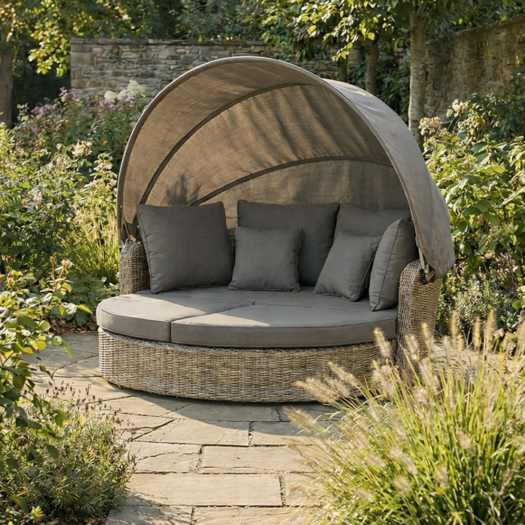 Round outdoor seating area with cushions in a garden setting
