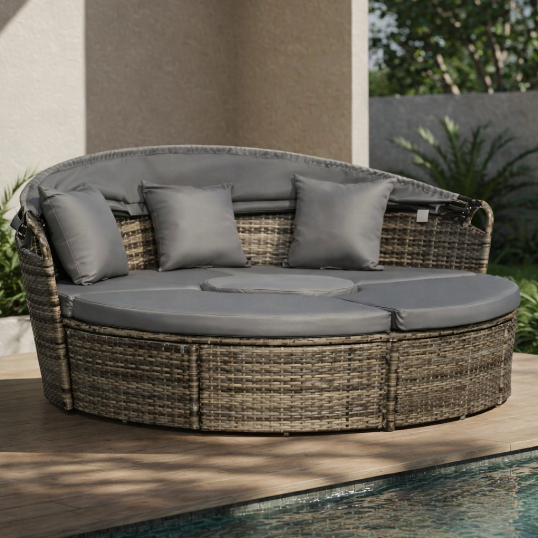 Round wicker outdoor sofa with gray cushions on a patio