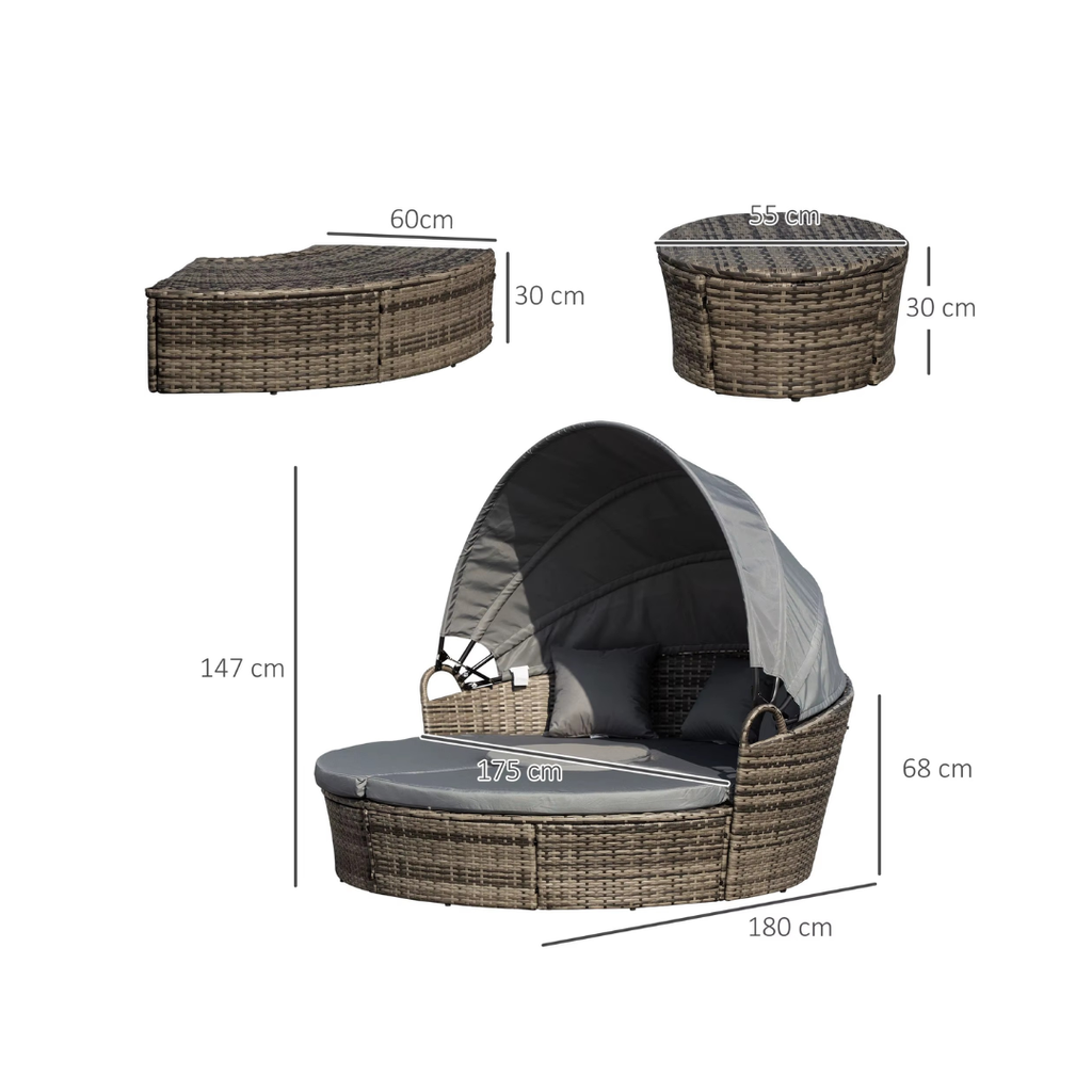 Outdoor lounge chair with canopy and dimensions on a white background