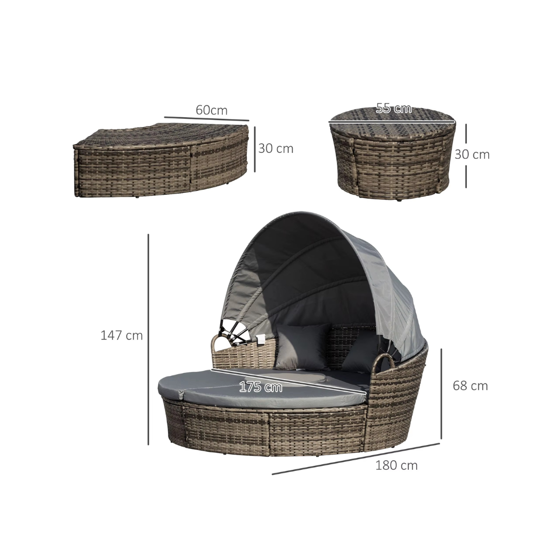 Outdoor lounge chair with canopy and dimensions on a white background