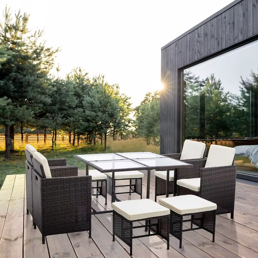 Rattan outdoor furniture set with matching table and chairs, brown