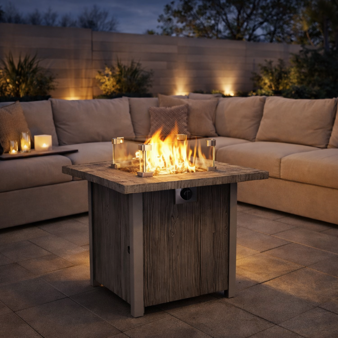 Square fire pit table in a modern garden.