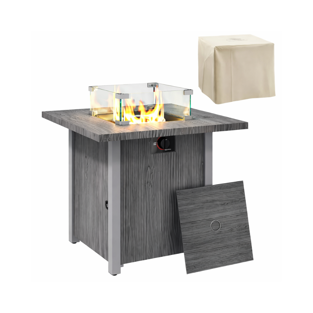 Sqaure firepit table with white background.
