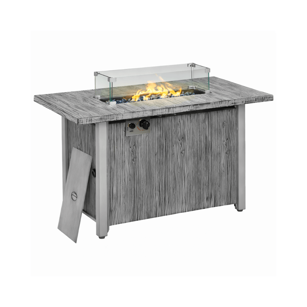 Rectangle firepit table with white background.