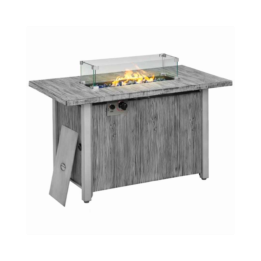 Rectangle firepit table with white background.