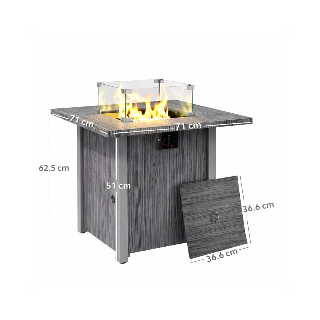 Dimensions of square fire pit dining table, set with a white background.