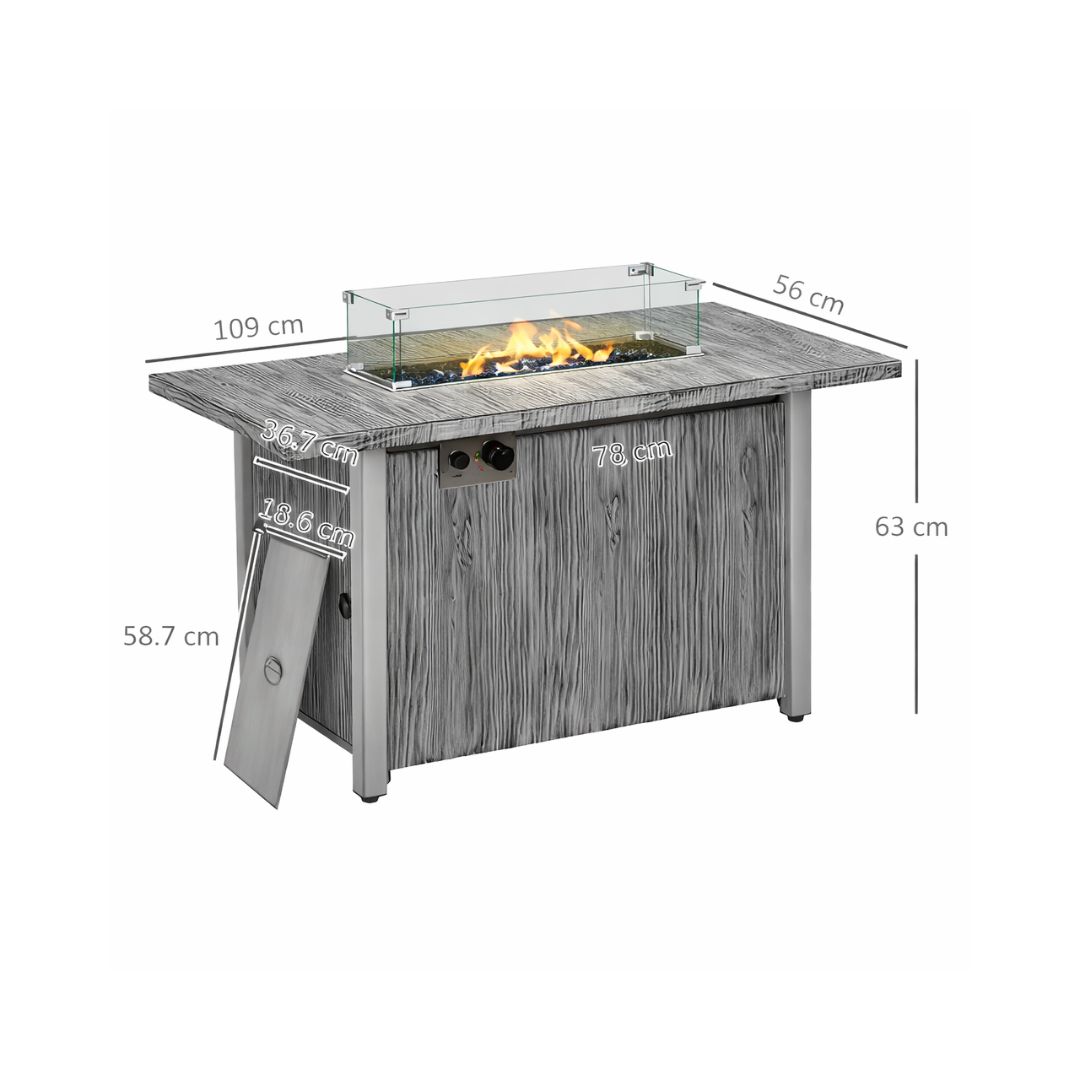 Dimensions of a rectangle fire pit dining table, set with a white background.
