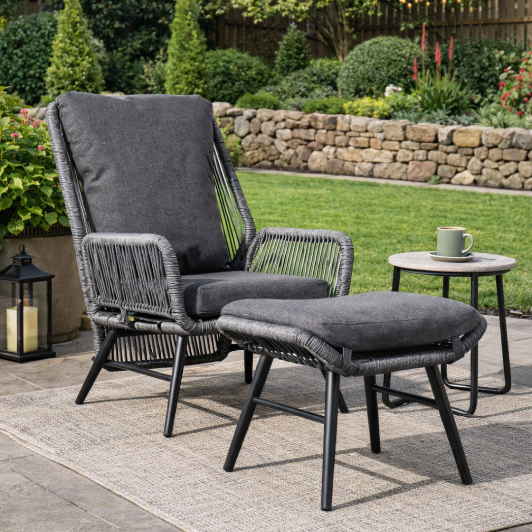 Gray outdoor chair and ottoman set with a small table and cup on a patio.