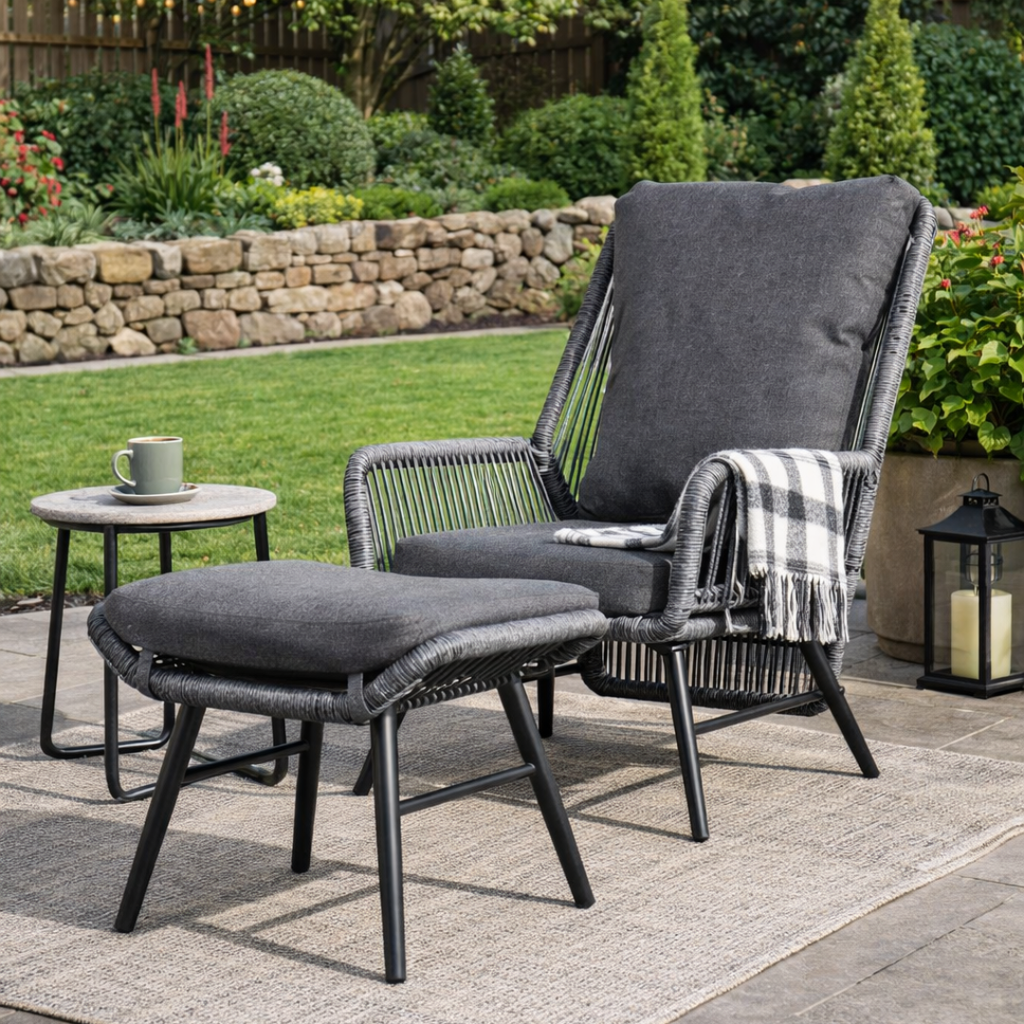 Outdoor patio set with lounge chair and ottoman on a patio area with garden background.