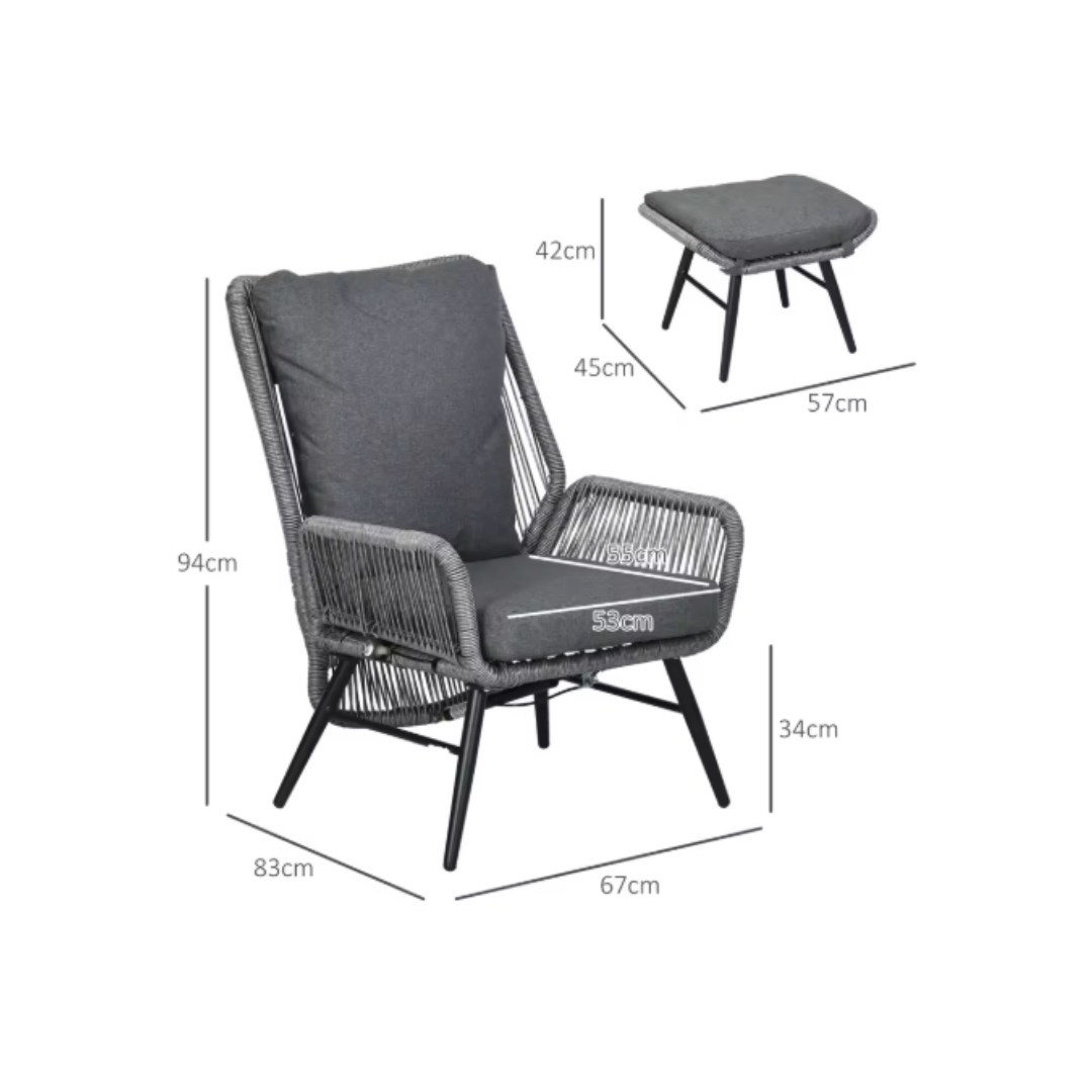 Gray chair with dimensions labeled on a white background