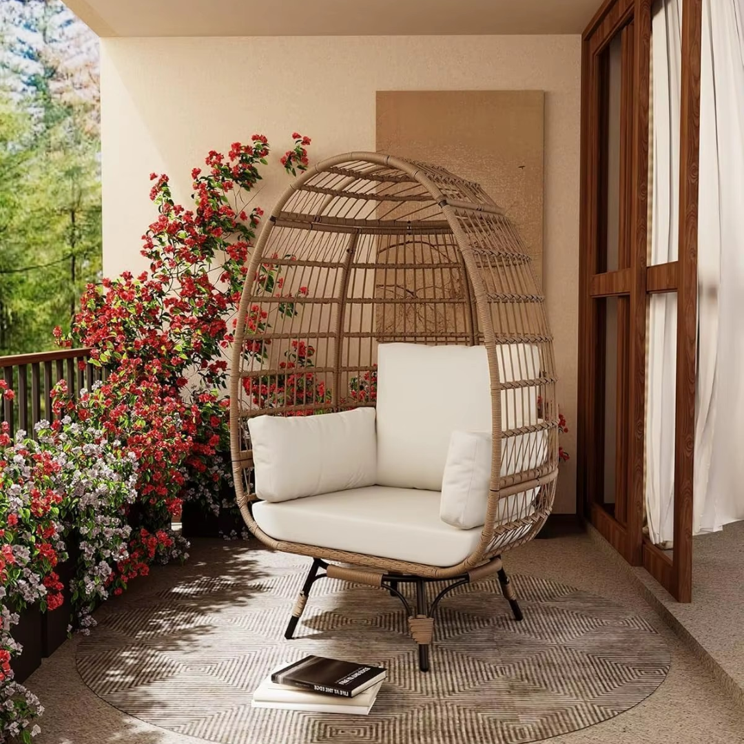 A modern wicker garden egg chair with beige cushions is set on a modern balcony.