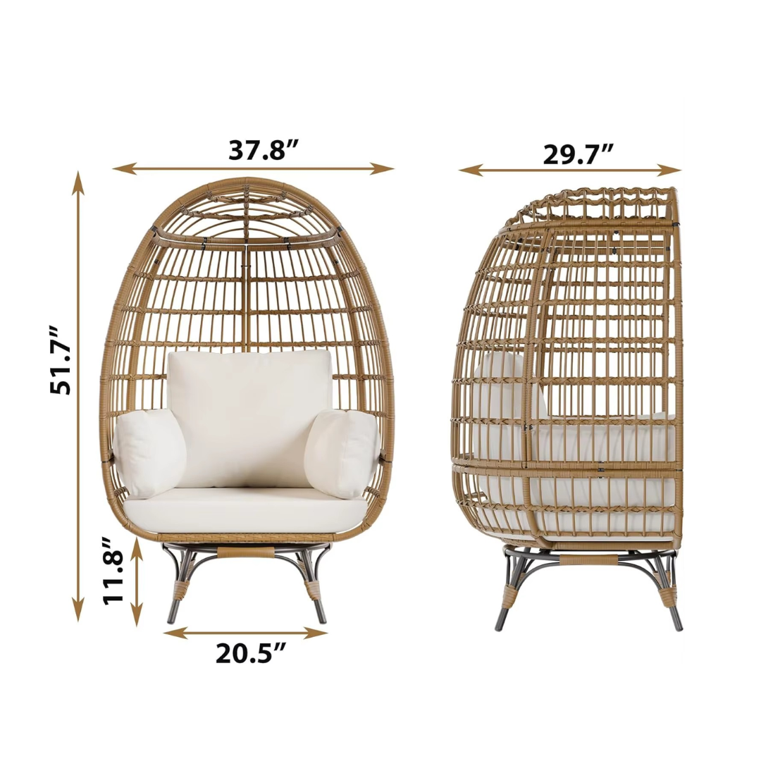 A modern wicker garden egg chair with dimensions and white background.