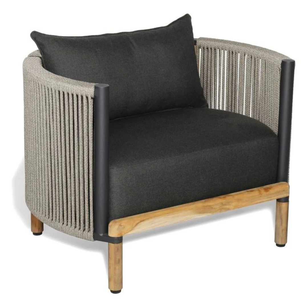 Outdoor rope furniture set with cushioned seating, armchair, with a white background