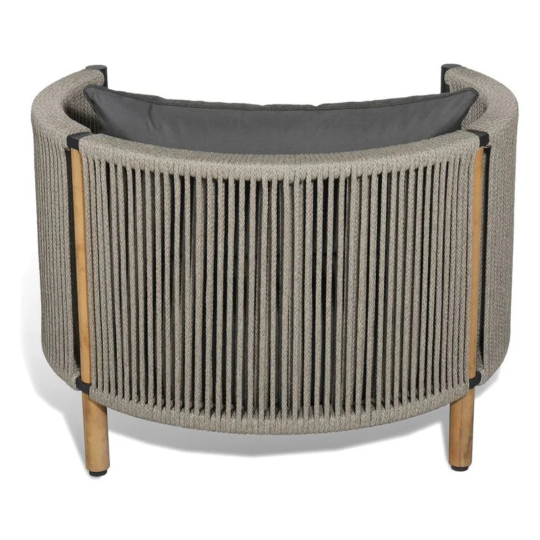 Outdoor rope furniture set with cushioned seating, back of armchair with a white background