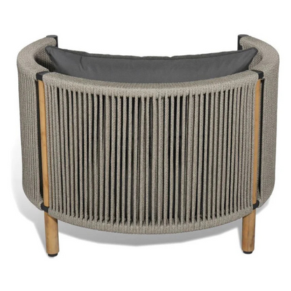 Outdoor rope furniture set with cushioned seating, back of armchair with a white background
