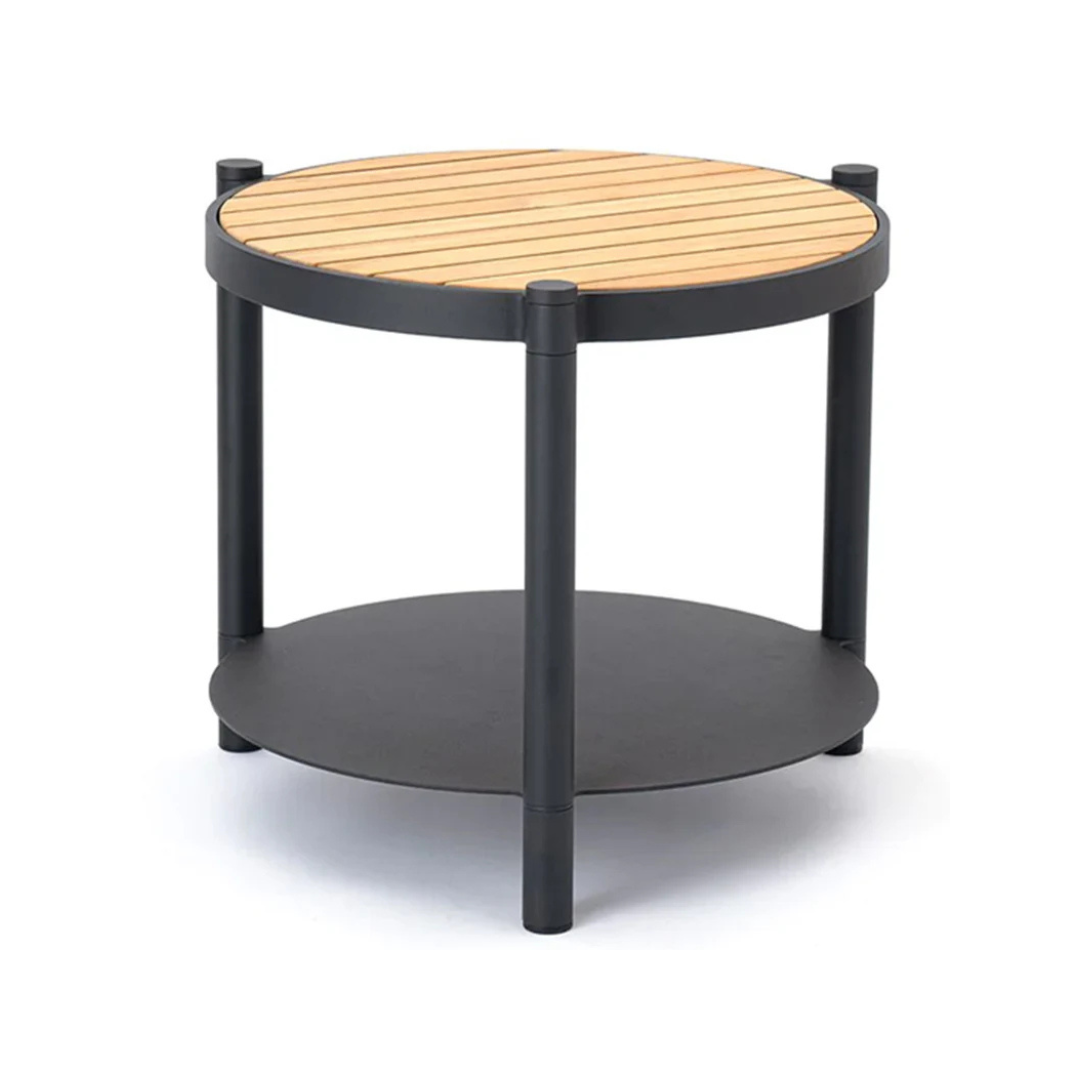 Outdoor rope furniture set with cushioned seating, coffee table which is apart of the set with a white background