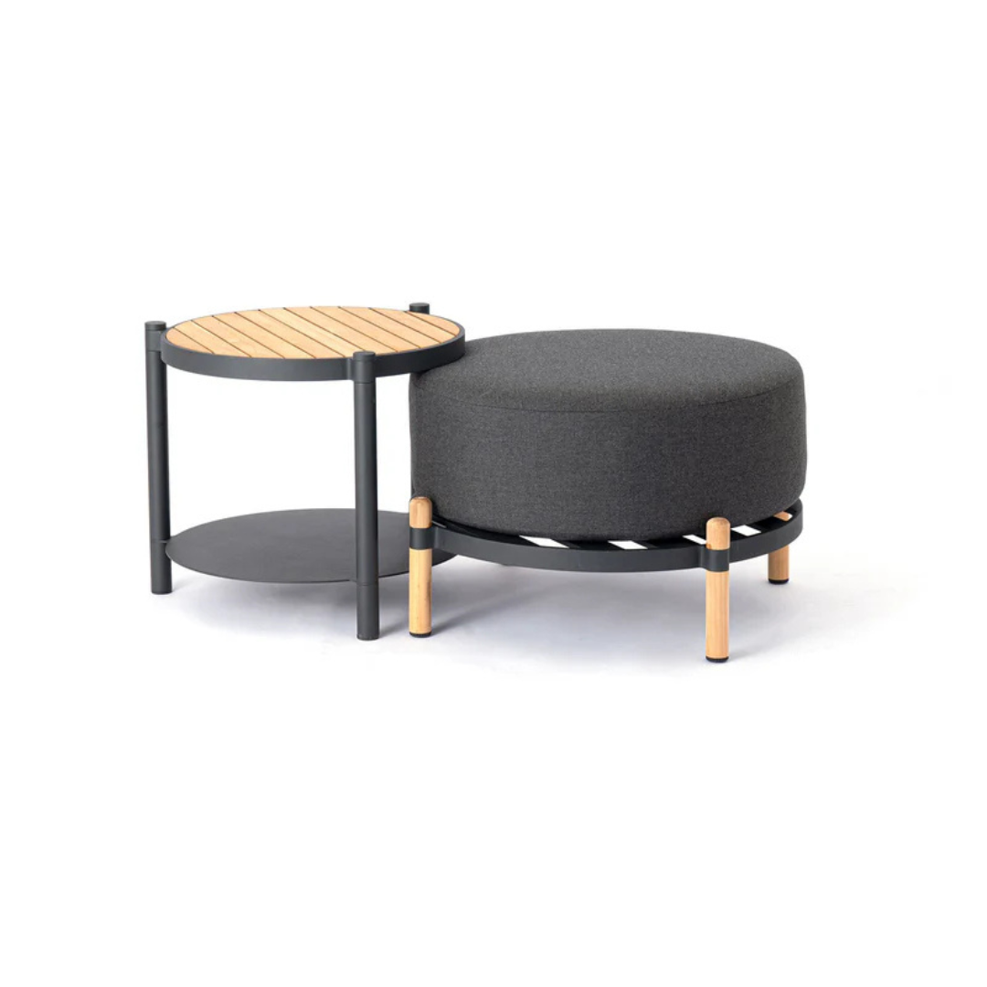 Outdoor rope furniture set with cushioned seating, side table and foot pedal with a white background