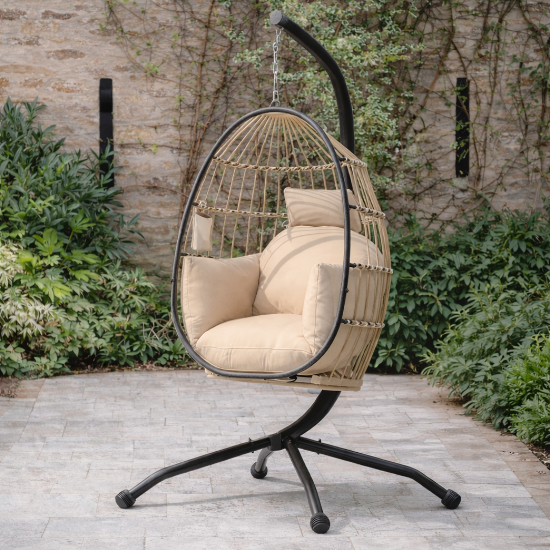 Modern beige hanging egg chair with metal frame, set in a modern outdoor patio.