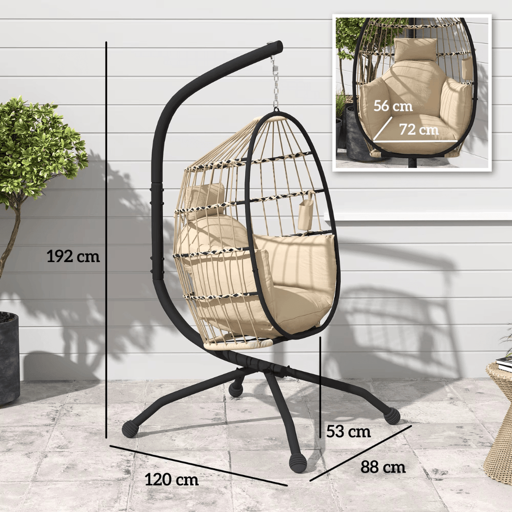 Egg chair with stand set in a garden patio with dimensions.