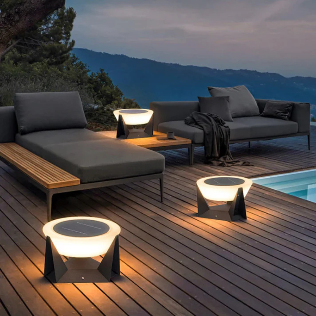 Round LED solar lamps for outdoor garden lighting, in a patio