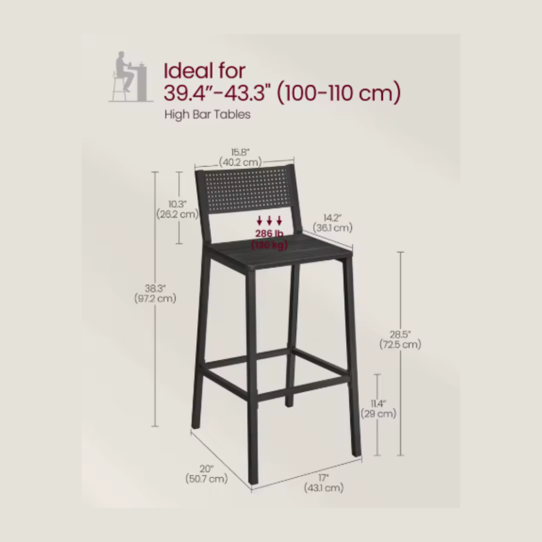 Bar stool with dimensions and weight capacity on a beige background