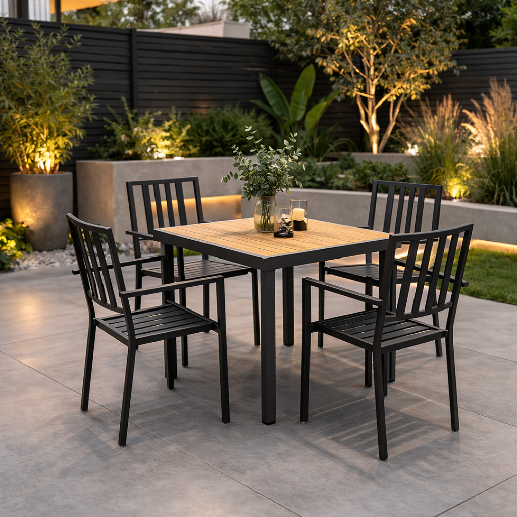 Outdoor patio set with a wooden table and black chairs on a stone patio.