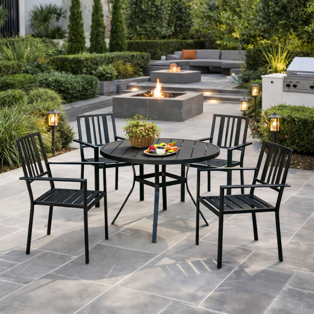 Outdoor patio set with black chairs and table on a stone patio, fire pit in the background.