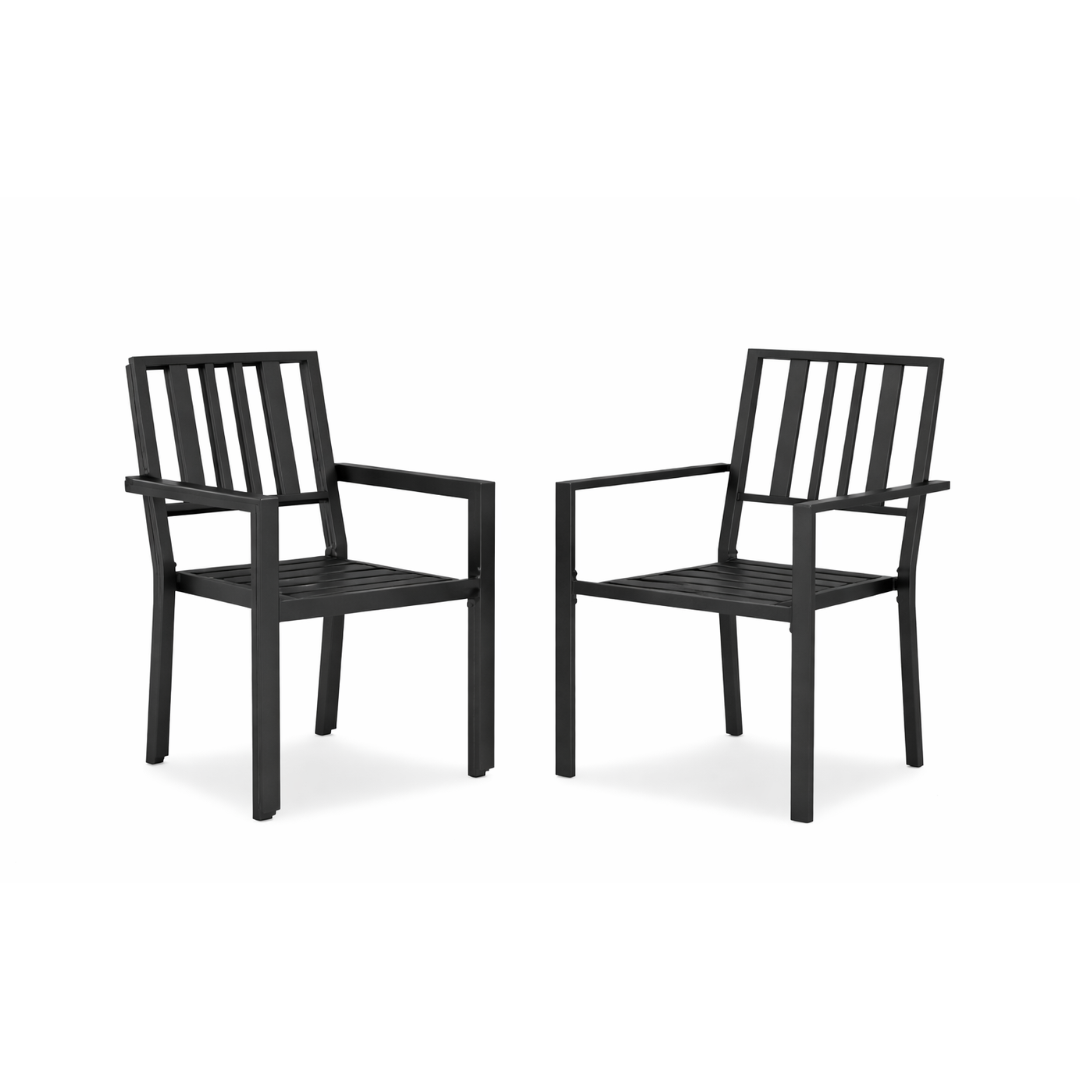 Two black metal chairs on a white background