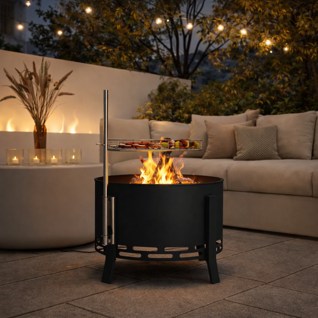 portable outdoor fire pit set in a contemporary garden in front of a sofa.