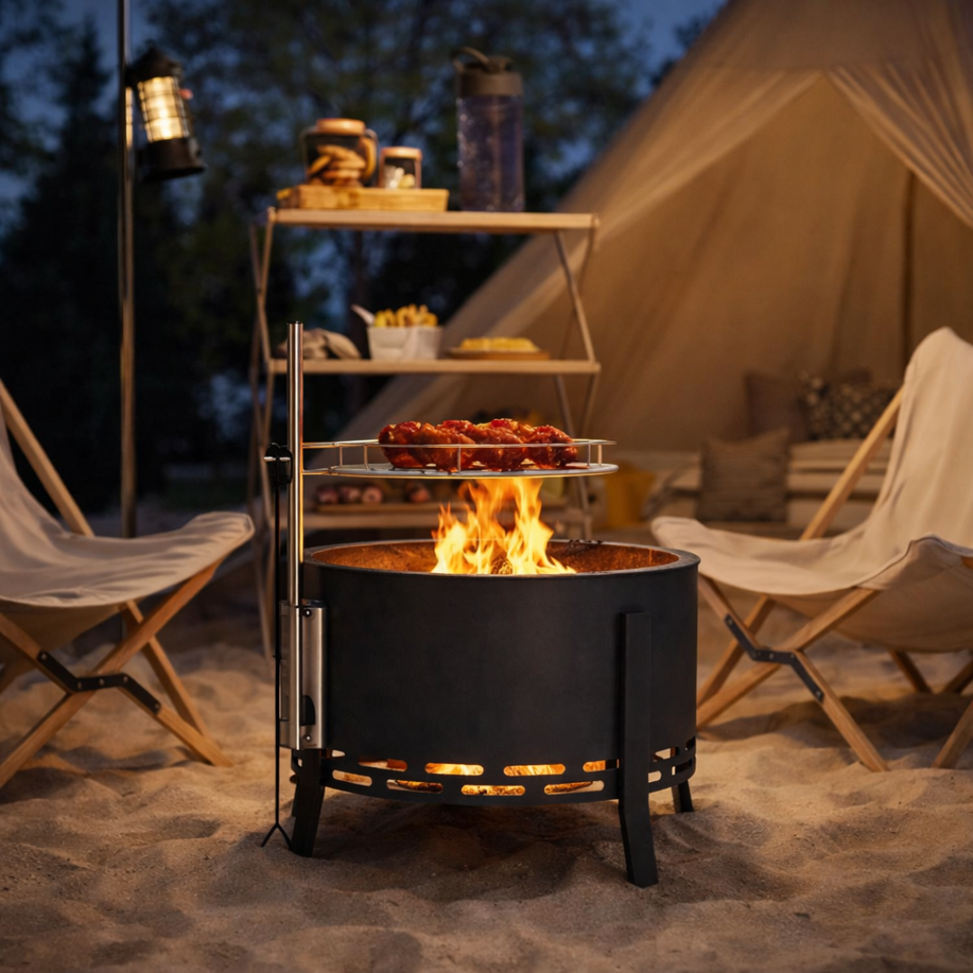 image shows a garden bbq firepit set around two camping chairs on a beach.