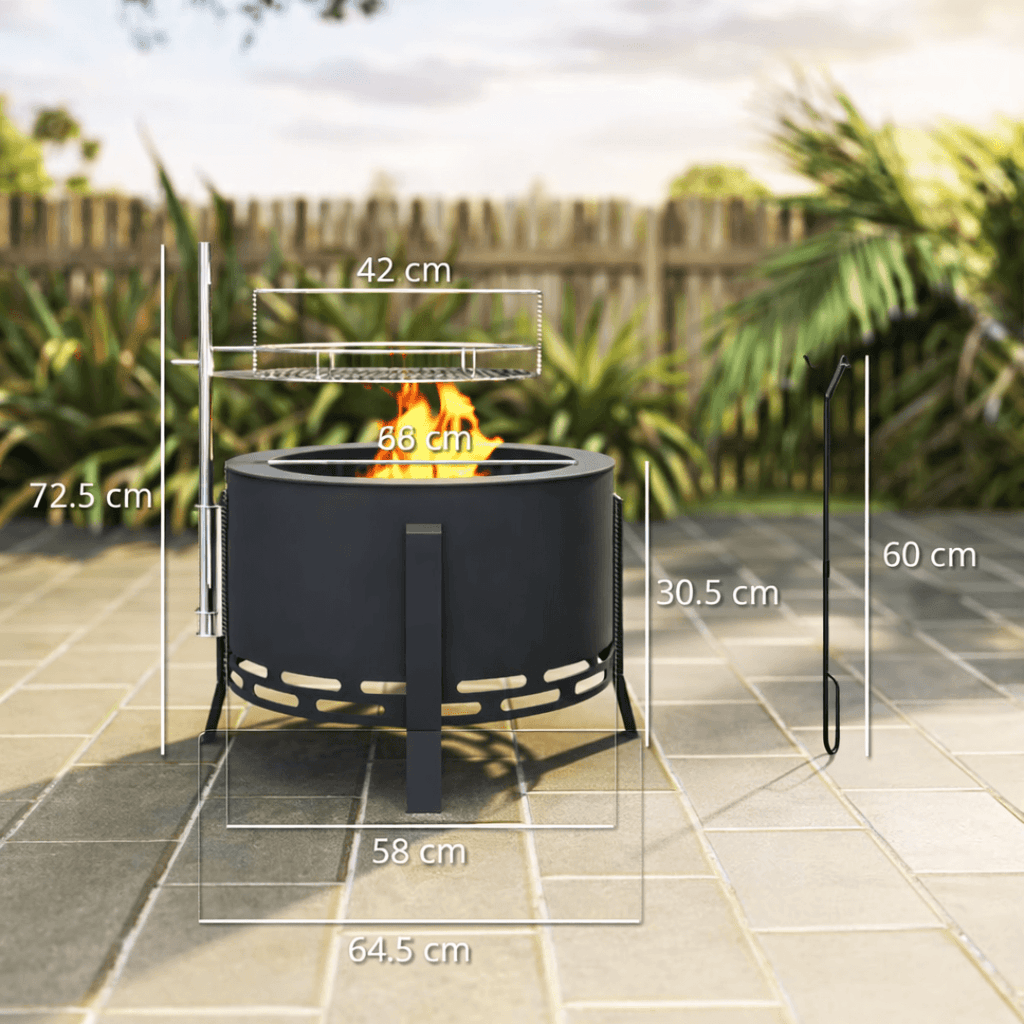 Image shows a firepit with dimensions on a garden patio.
