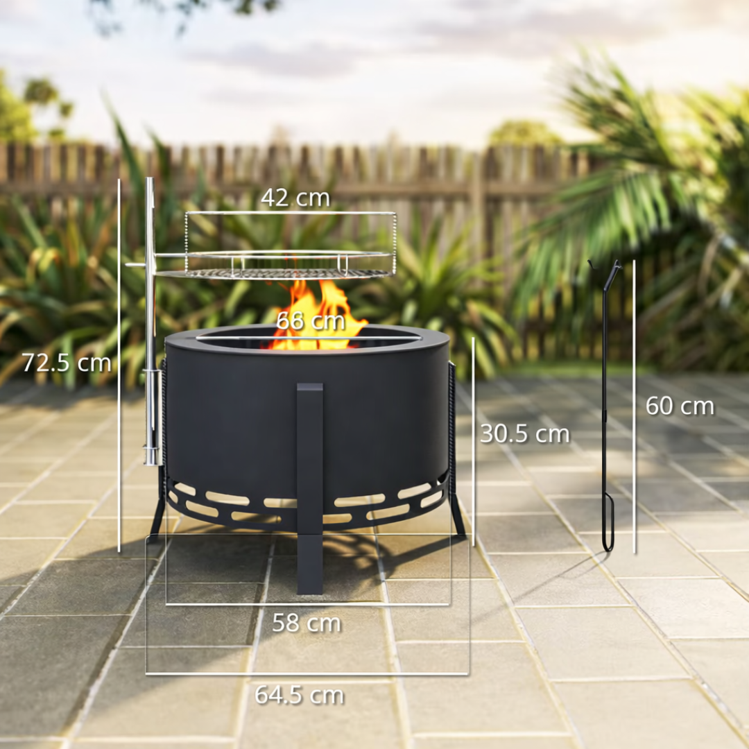 Image shows a firepit with dimensions on a garden patio.