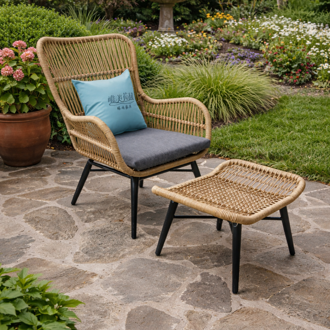 Wicker chair with a blue cushion and matching ottoman on a stone patio with garden in the background