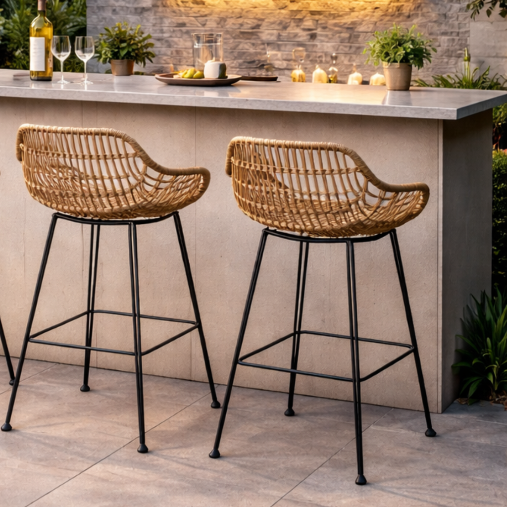 Pair of brown wicker bar stools set in a modern outdoor bar.