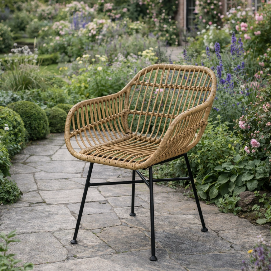 Wicker chair on a stone patio with garden in the background
