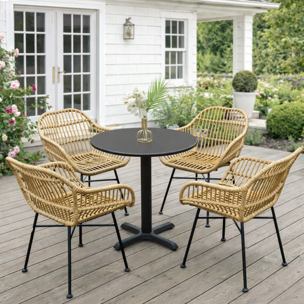 Outdoor patio set with four wicker chairs and a round black table on a wooden deck.