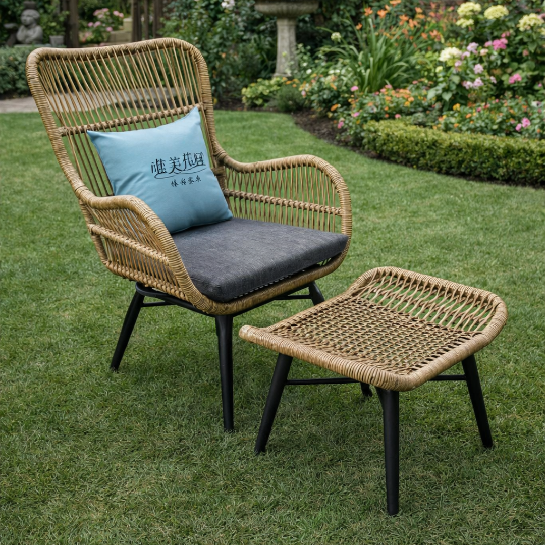 Wicker chair with cushion and ottoman on grass
