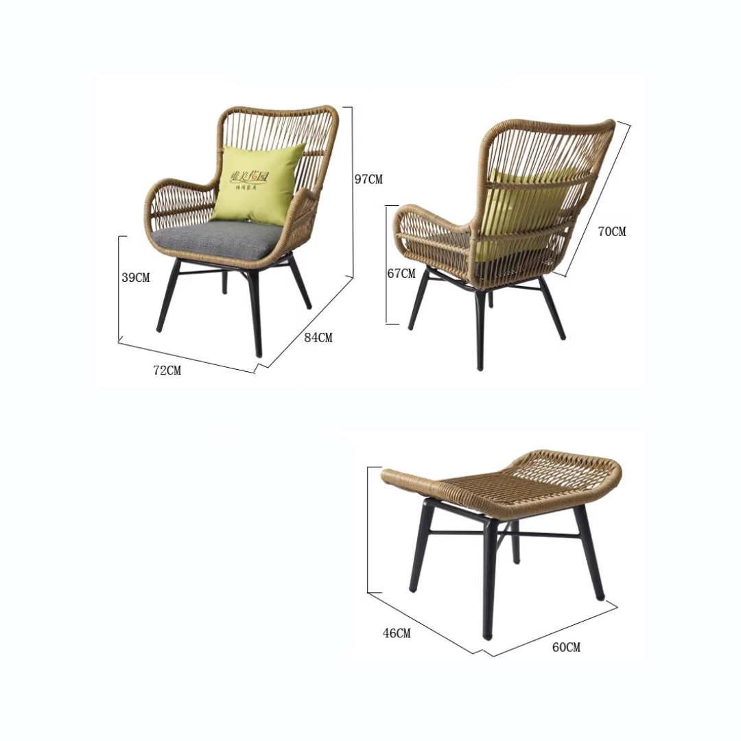 Wicker chair with dimensions on a white background