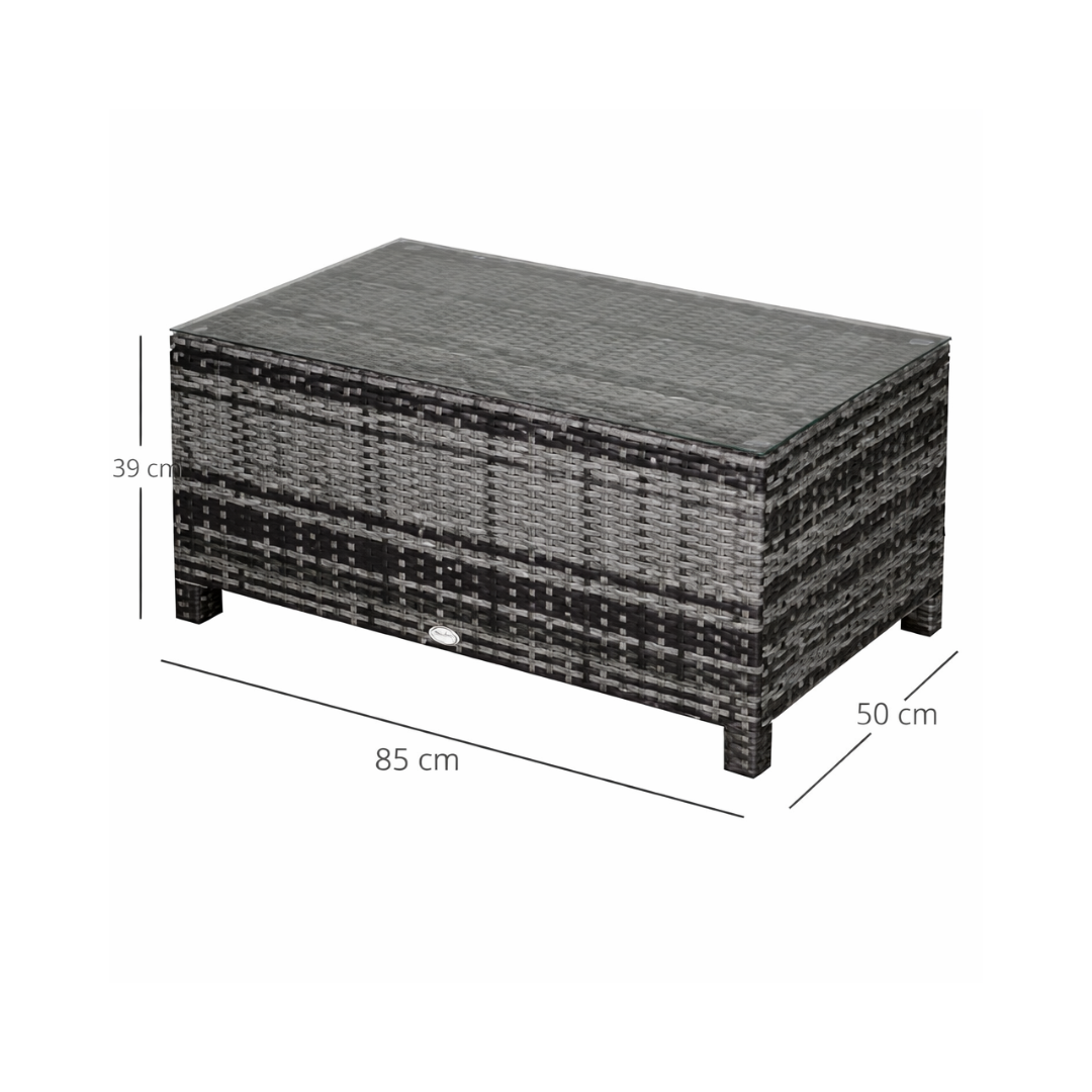 Wicker storage bench with dimensions on a white background