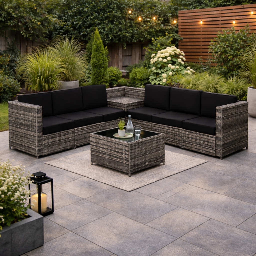 Outdoor patio set with black cushions on a stone patio, surrounded by greenery.