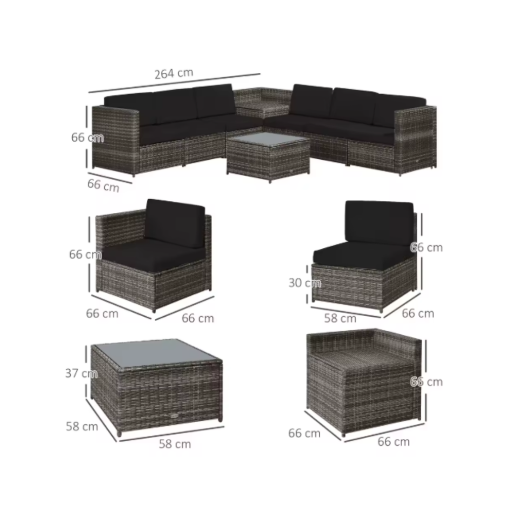 Garden furniture set with dimensions on a white background