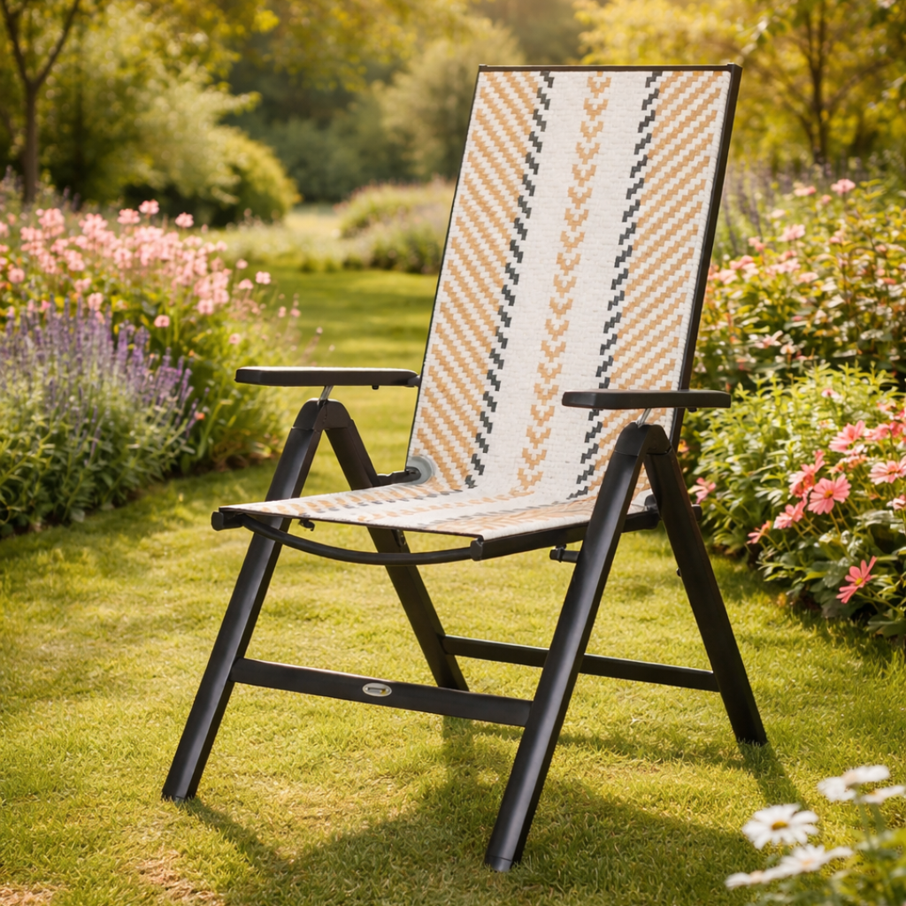 Garden chair with woven seat on a grassy area with flowers