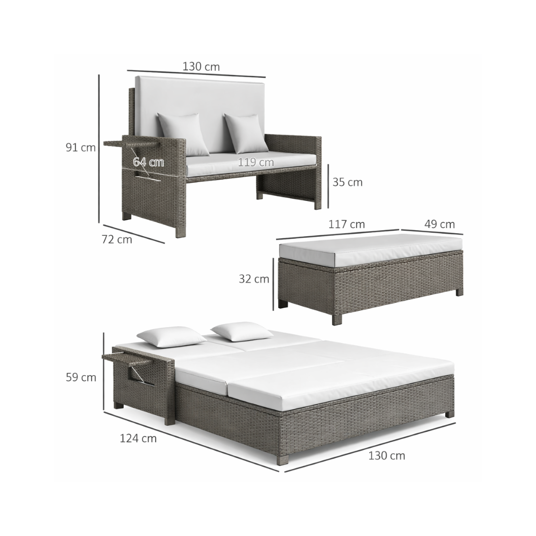 Dimensions of outdoor furniture set with wicker design and white cushions.